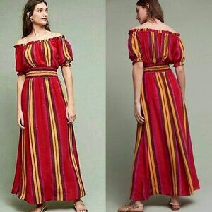 Anthropologie Anupamaa Tesni Red Striped Silk Smocked Small Petite Maxi Dress